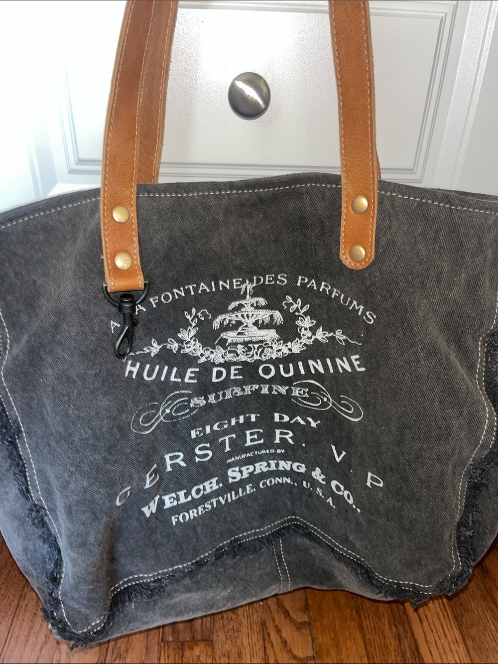 Myra Bag Welch Spring & Co. Large Canvas Tote with Brown Leather Straps - Picture 2 of 8